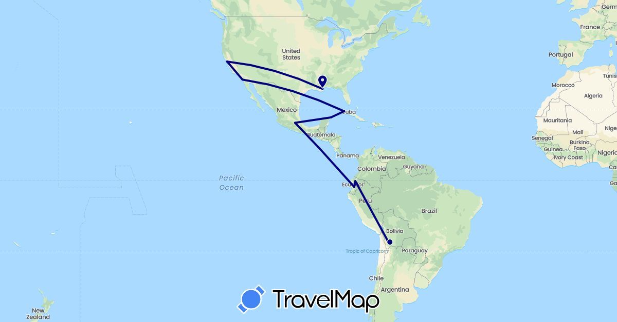 TravelMap itinerary: driving in Bolivia, Cuba, Ecuador, Mexico, United States (North America, South America)